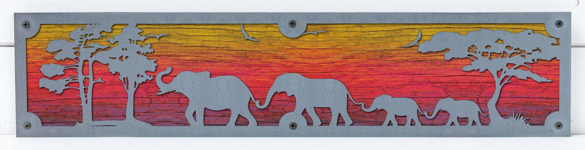 Elephant Family Metal Wall Art on Reclaimed Wood, 24 Inch Safari Decor