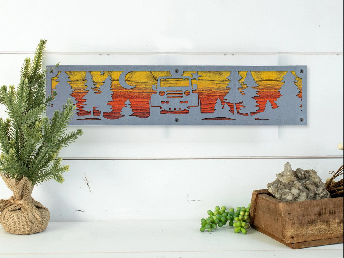 Off Road Jeep Metal Wall Art on Reclaimed Wood, 24 Inch Garage Sign
