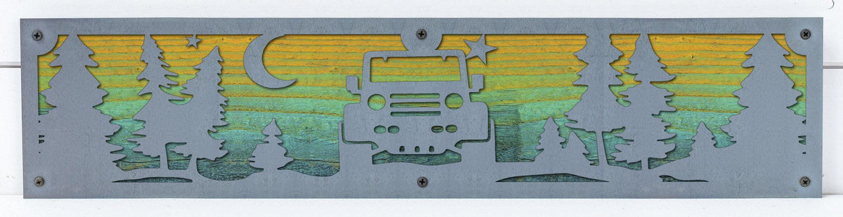 Off Road Jeep Metal Wall Art on Reclaimed Wood, 24 Inch Garage Sign