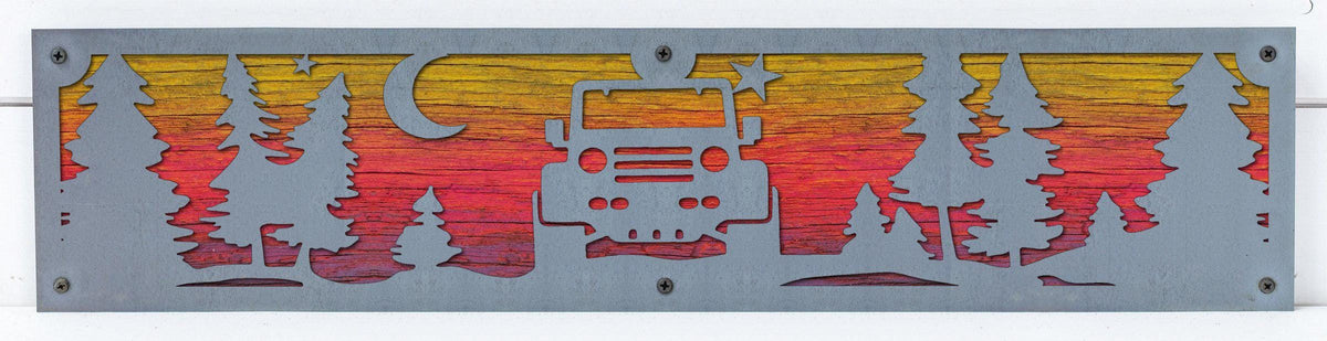 Off Road Jeep Metal Wall Art on Reclaimed Wood, 24 Inch Garage Sign