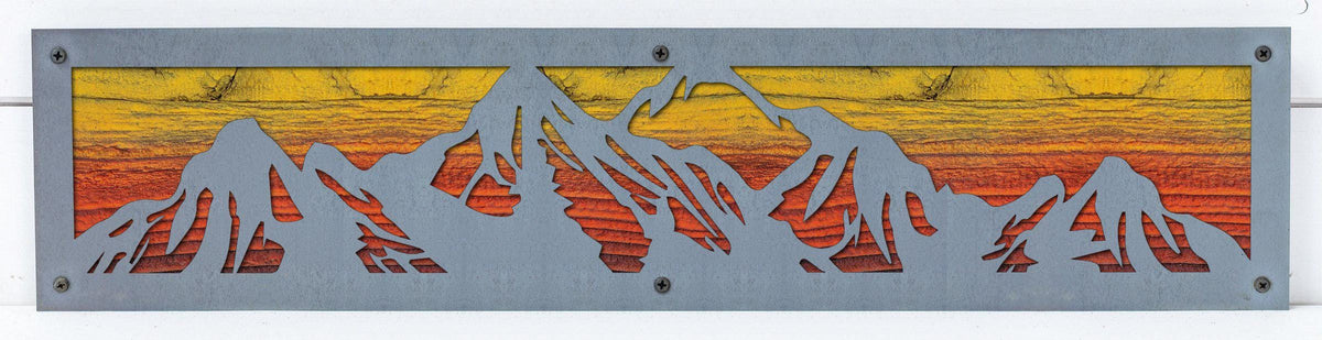 Mountain Range Metal Wall Art on Reclaimed Wood, 24 Inch Rustic Cabin Decor