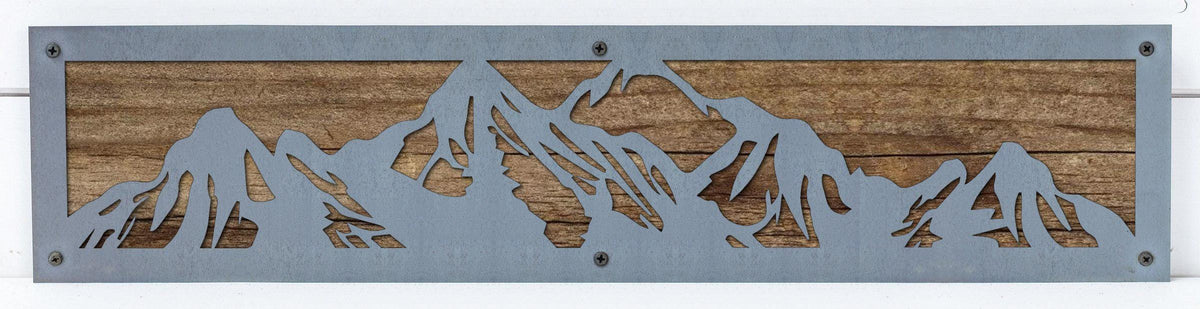 Mountain Range Metal Wall Art on Reclaimed Wood, 24 Inch Rustic Cabin Decor