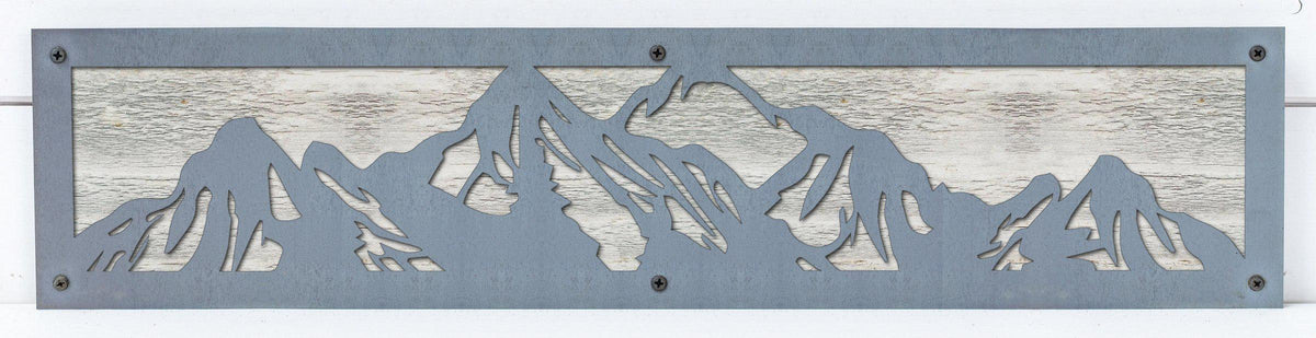 Mountain Range Metal Wall Art on Reclaimed Wood, 24 Inch Rustic Cabin Decor