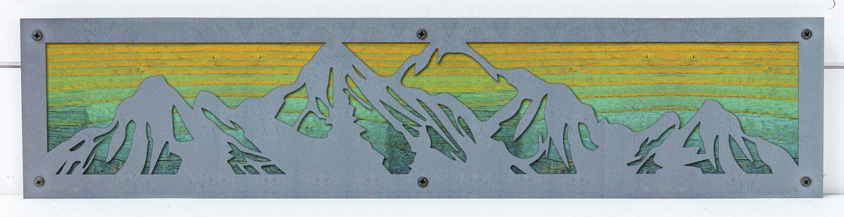 Mountain Range Metal Wall Art on Reclaimed Wood, 24 Inch Rustic Cabin Decor