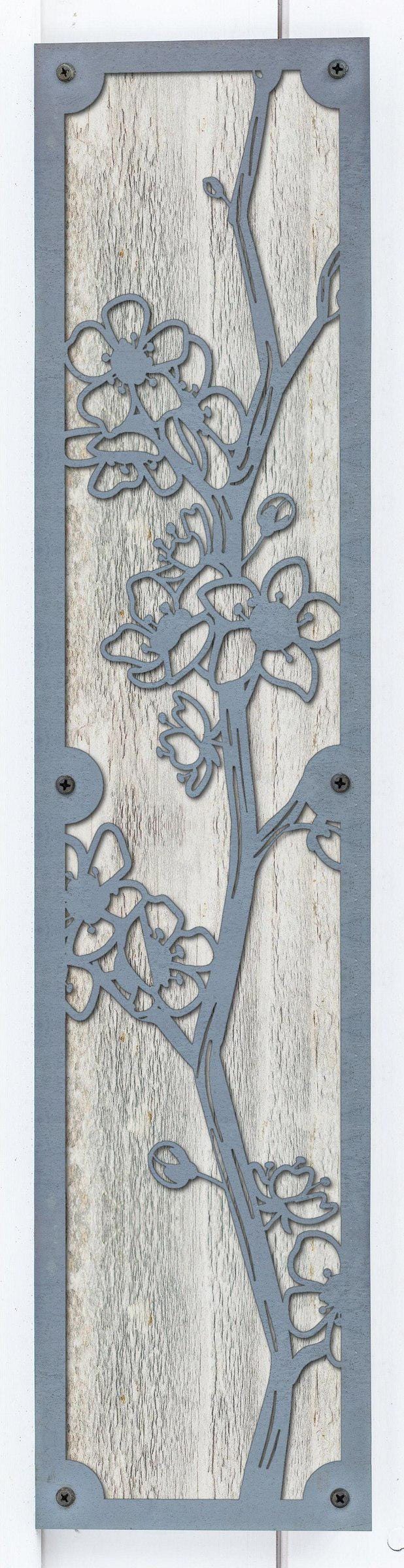 Cherry Blossom Metal Wall Art on Reclaimed Wood, Tall 24 Inch Floral Decor