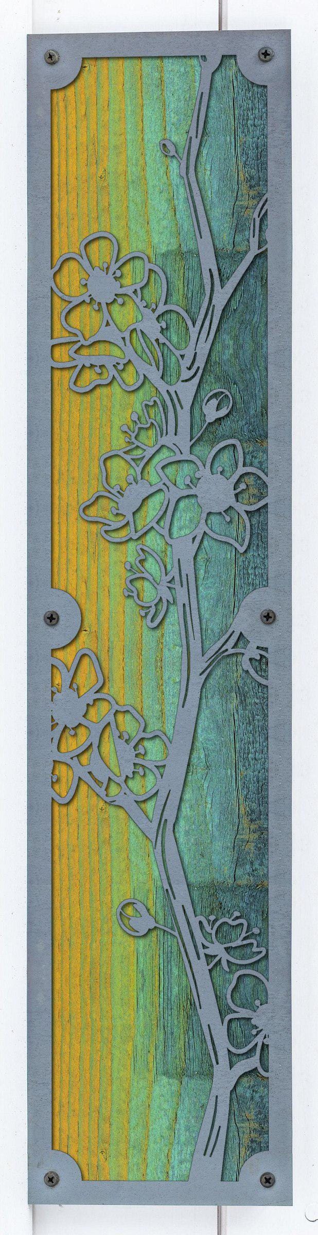 Cherry Blossom Metal Wall Art on Reclaimed Wood, Tall 24 Inch Floral Decor