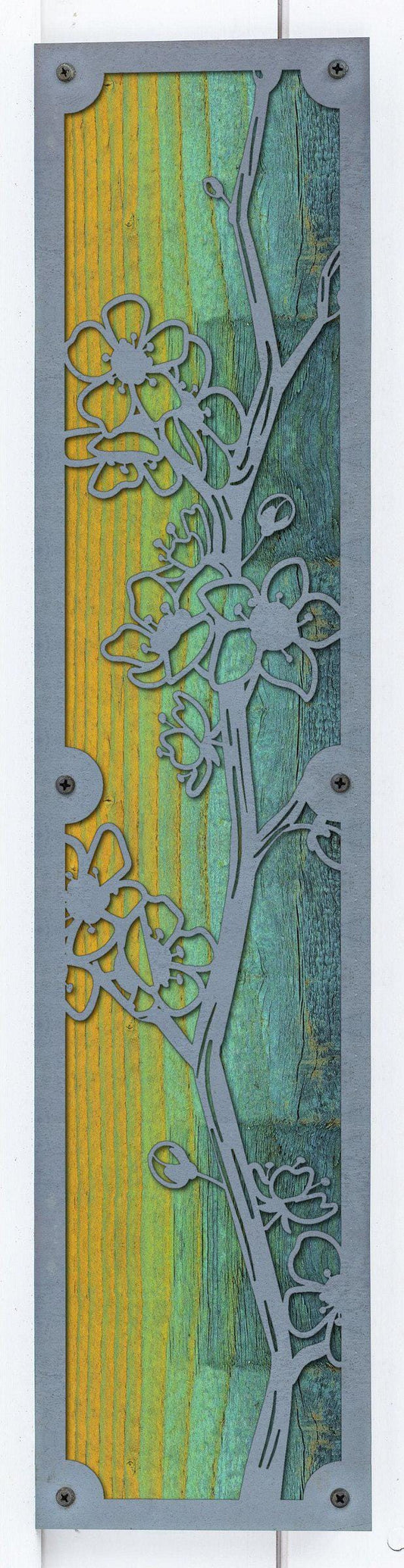 Cherry Blossom Metal Wall Art on Reclaimed Wood, Tall 24 Inch Floral Decor