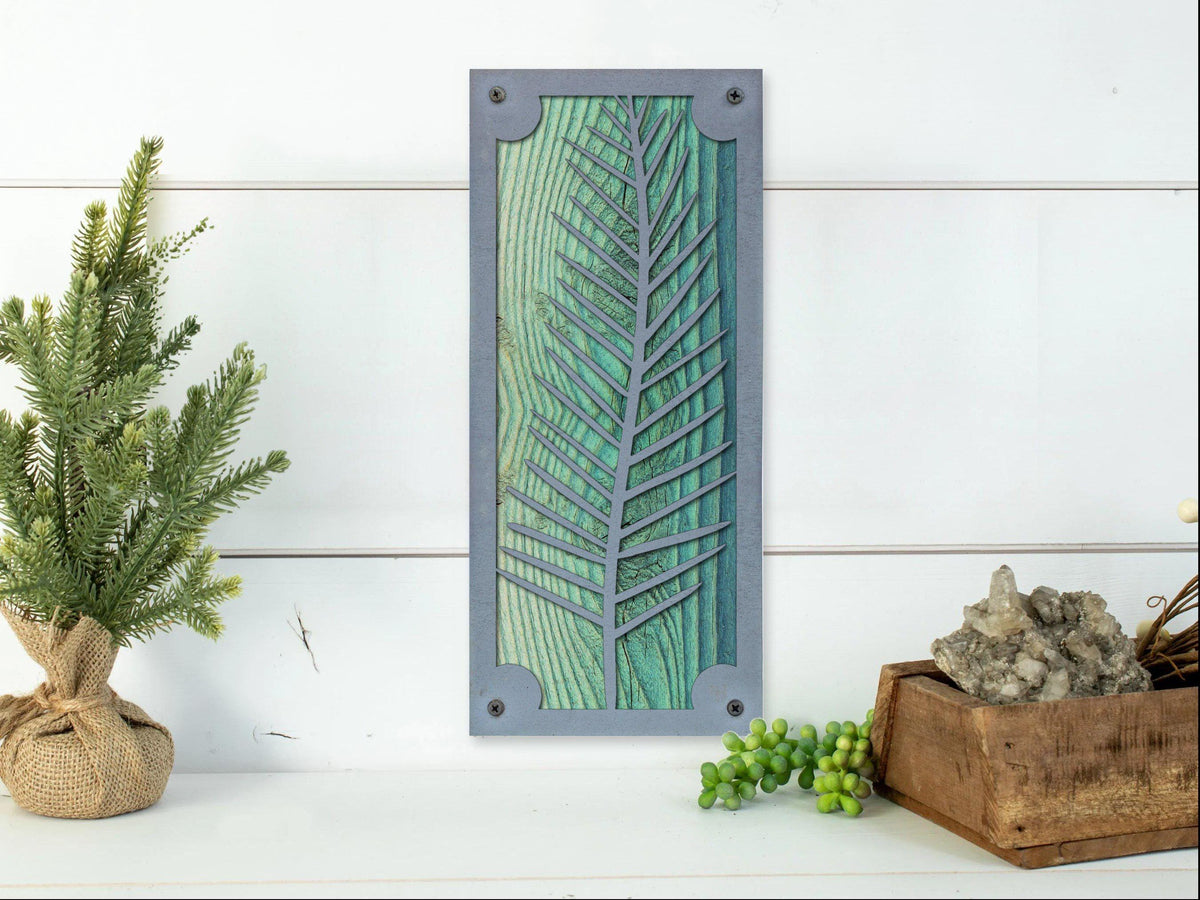 Fern Metal Wall Art on Reclaimed Wood, Tall 12.5 Inch Botanical Decor