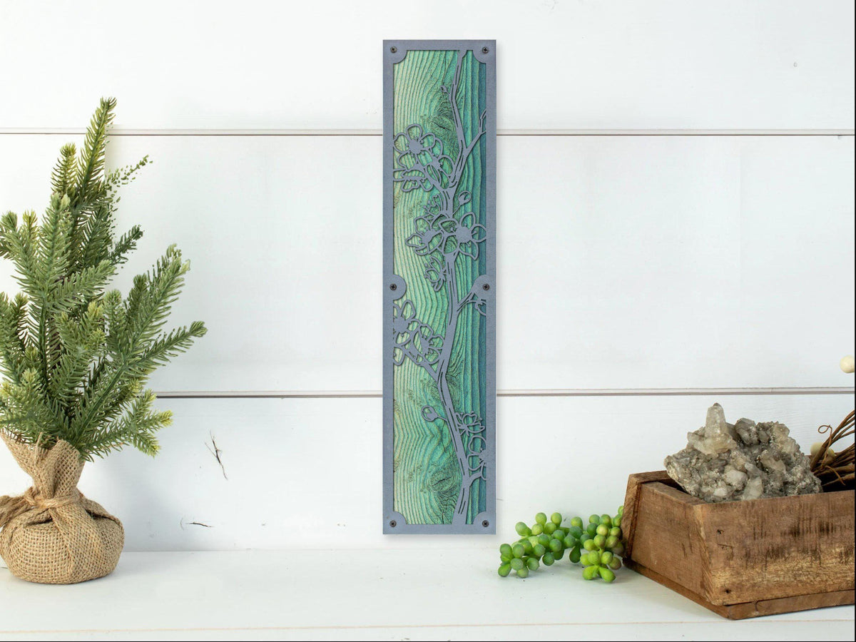 Cherry Blossom Metal Wall Art on Reclaimed Wood, Tall 24 Inch Floral Decor
