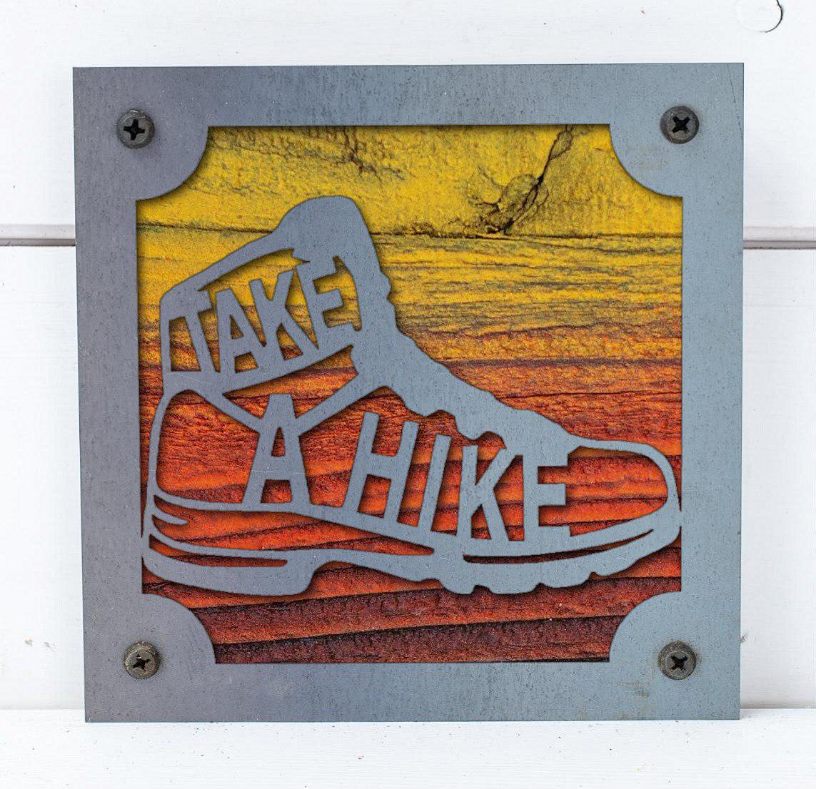 Take a Hike Boot Metal Wall Art on Reclaimed Wood, Hiking Sign, Hiker Gift