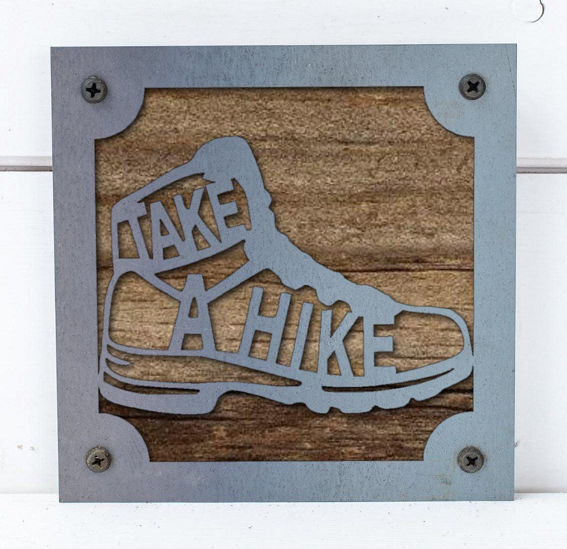 Take a Hike Boot Metal Wall Art on Reclaimed Wood, Hiking Sign, Hiker Gift