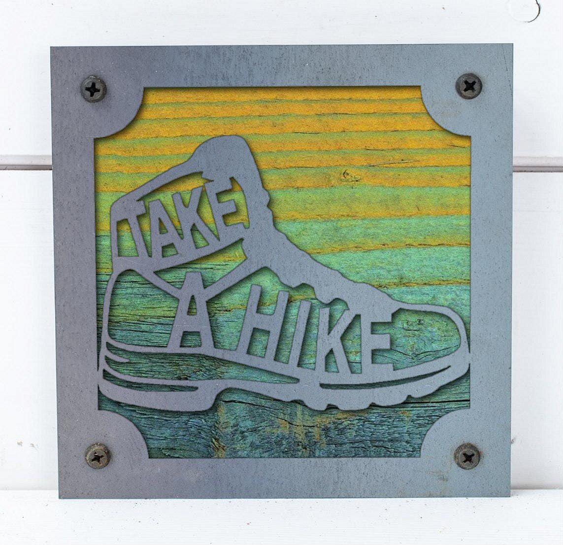 Take a Hike Boot Metal Wall Art on Reclaimed Wood, Hiking Sign, Hiker Gift