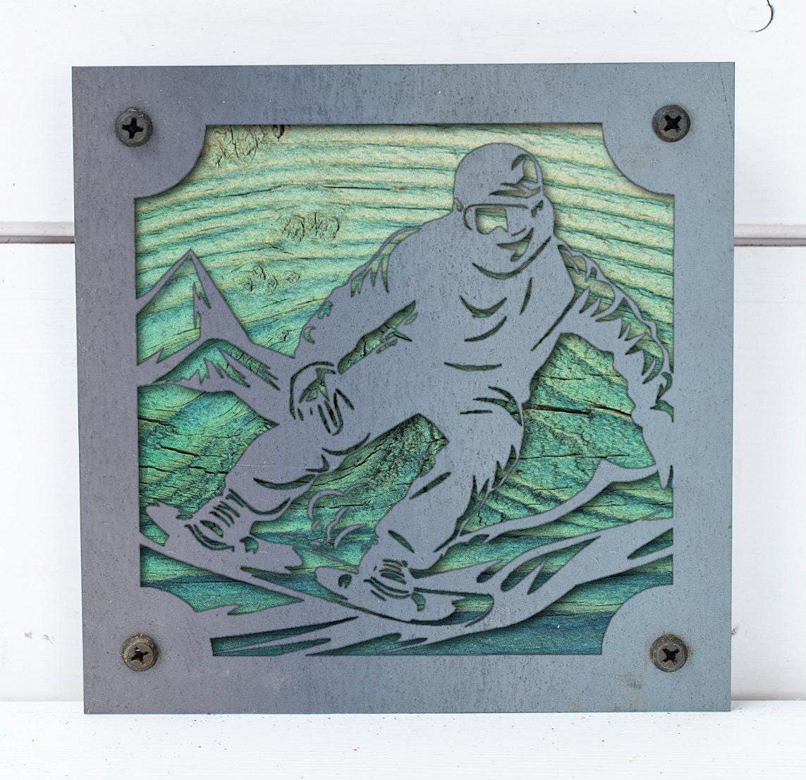 Snowboarder Metal Wall Art on Reclaimed Wood, Snowboard Cabin Decor, Rider Gift