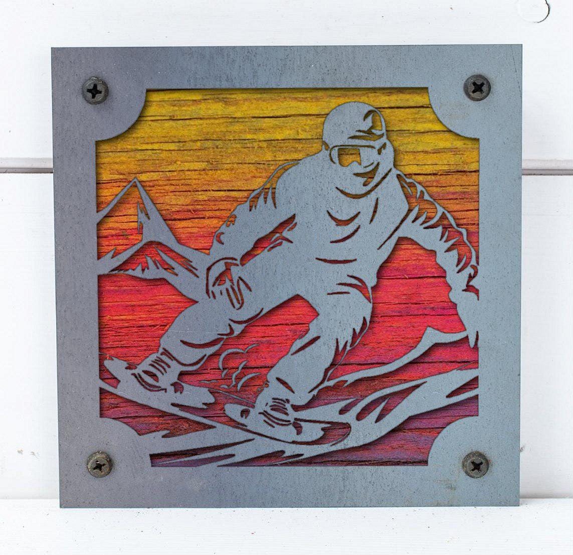 Snowboarder Metal Wall Art on Reclaimed Wood, Snowboard Cabin Decor, Rider Gift