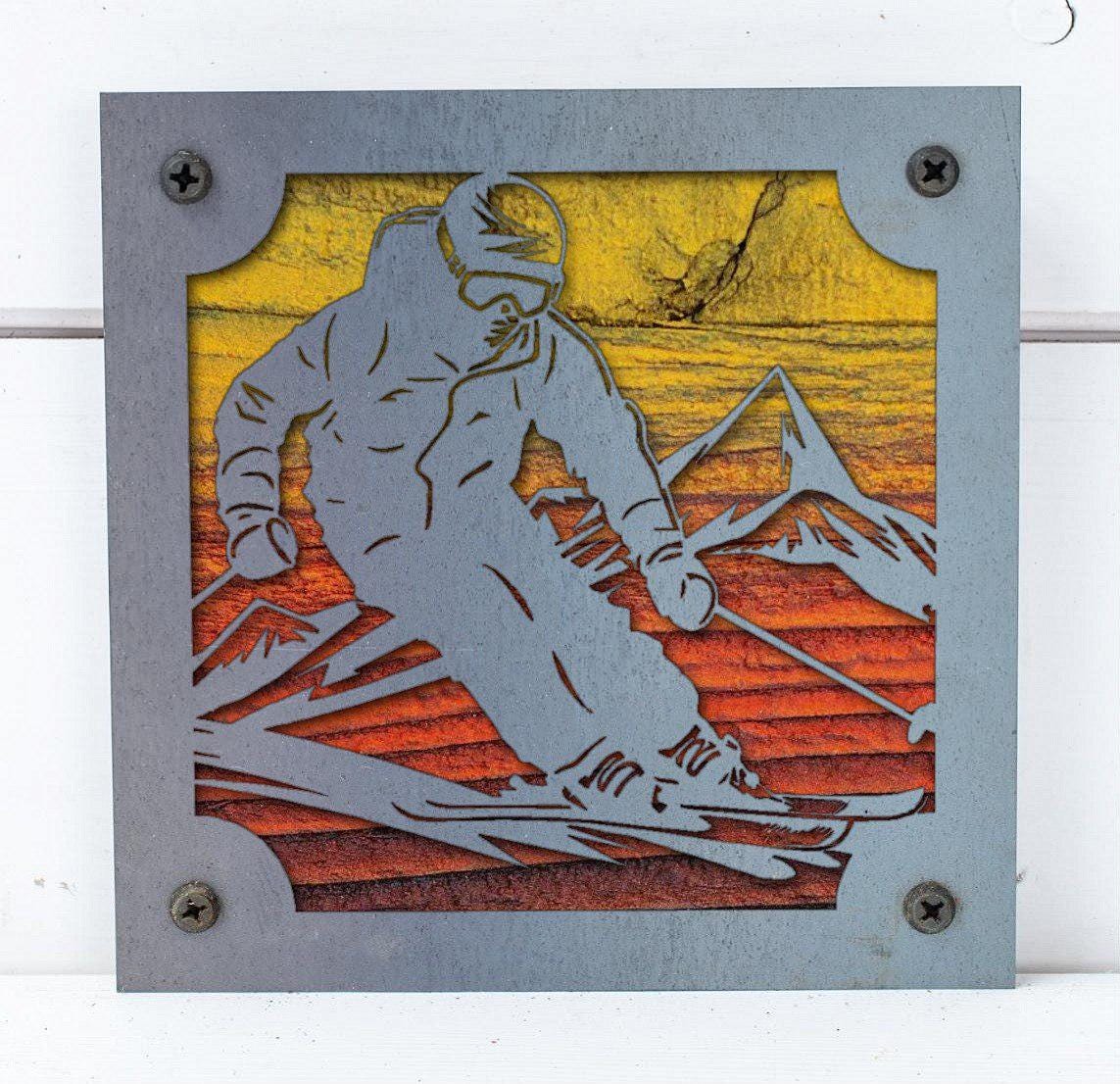 Skier Metal Wall Art on Reclaimed Wood, Downhill Ski Decor, Ski Lodge Gift
