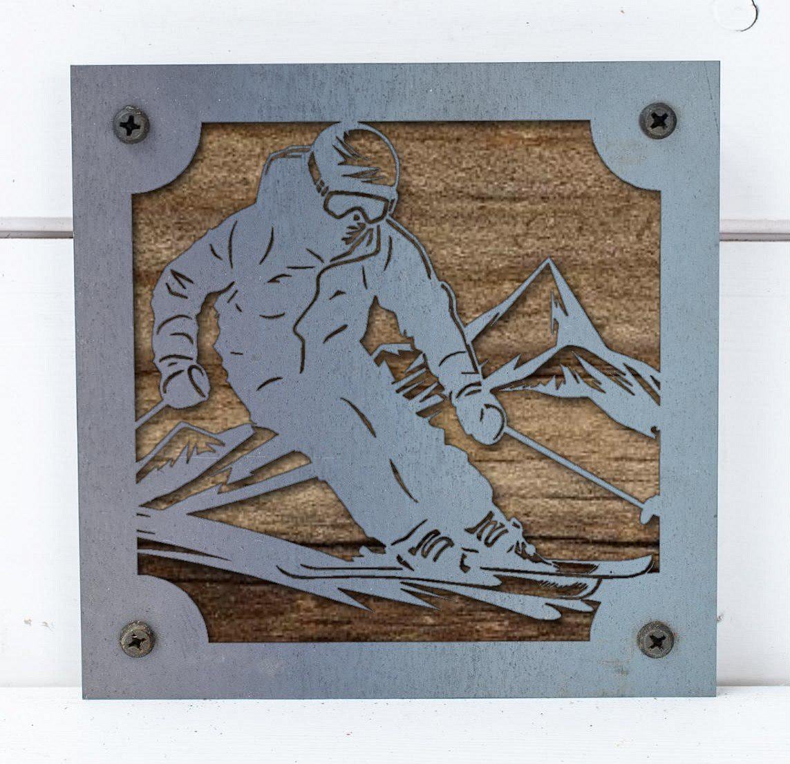 Skier Metal Wall Art on Reclaimed Wood, Downhill Ski Decor, Ski Lodge Gift