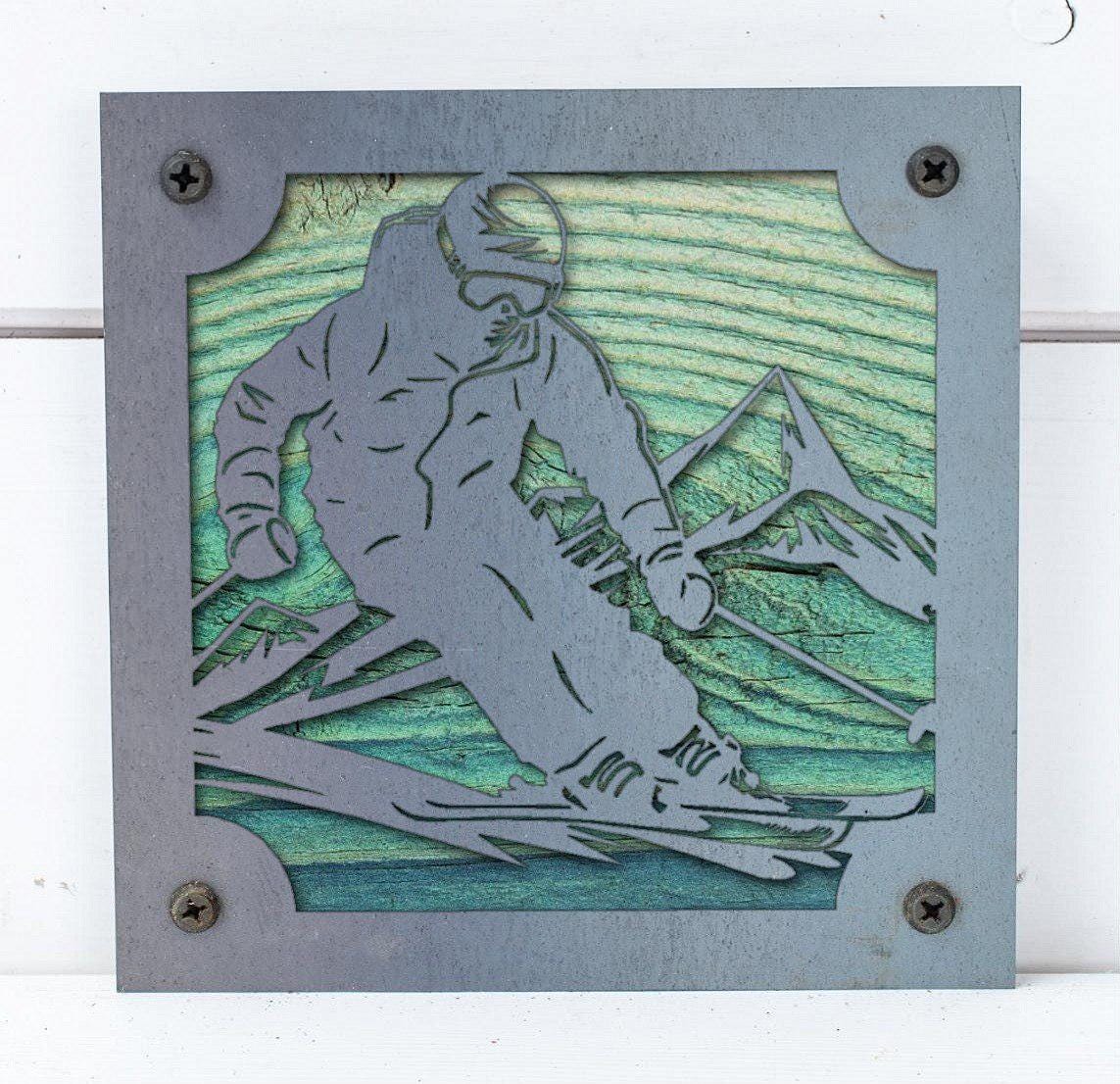 Skier Metal Wall Art on Reclaimed Wood, Downhill Ski Decor, Ski Lodge Gift