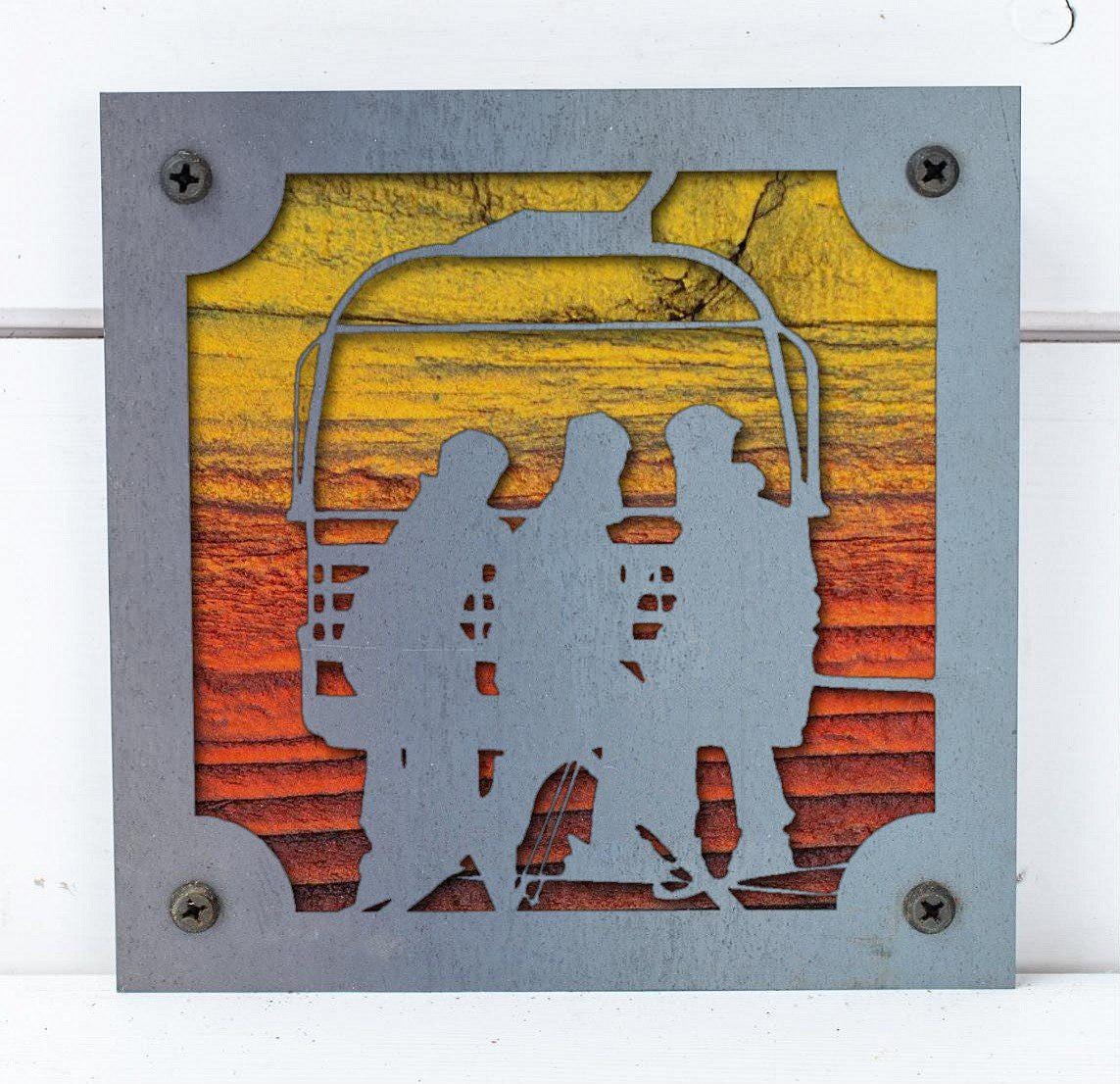 Ski Lift Riders Metal Wall Art on Reclaimed Wood, Chairlift Sign, Ski Cabin Decor