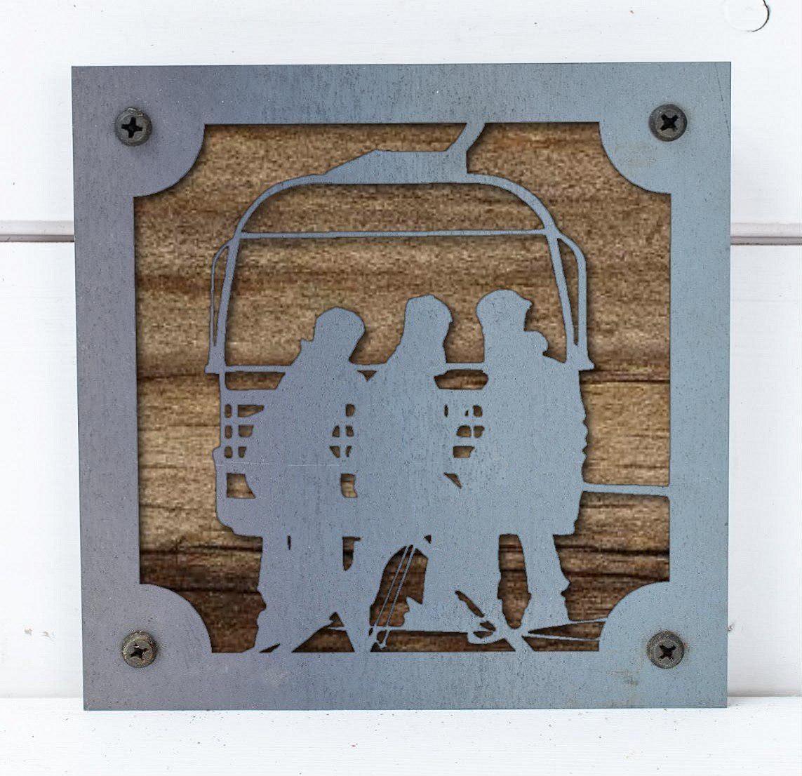 Ski Lift Riders Metal Wall Art on Reclaimed Wood, Chairlift Sign, Ski Cabin Decor