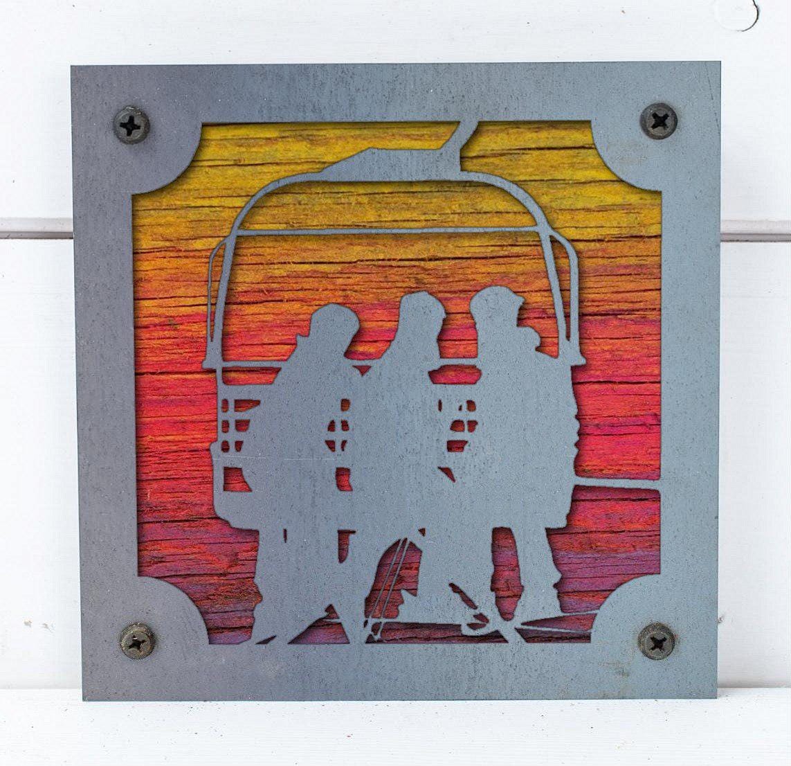 Ski Lift Riders Metal Wall Art on Reclaimed Wood, Chairlift Sign, Ski Cabin Decor