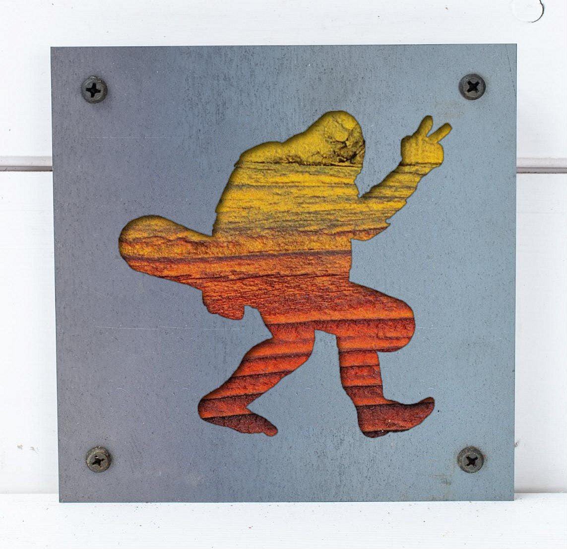 Bigfoot Snowboarder Metal Wall Art on Reclaimed Wood, Sasquatch Ski Cabin Sign