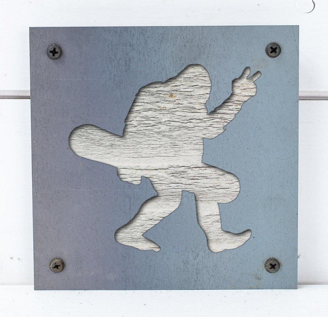 Bigfoot Snowboarder Metal Wall Art on Reclaimed Wood, Sasquatch Ski Cabin Sign