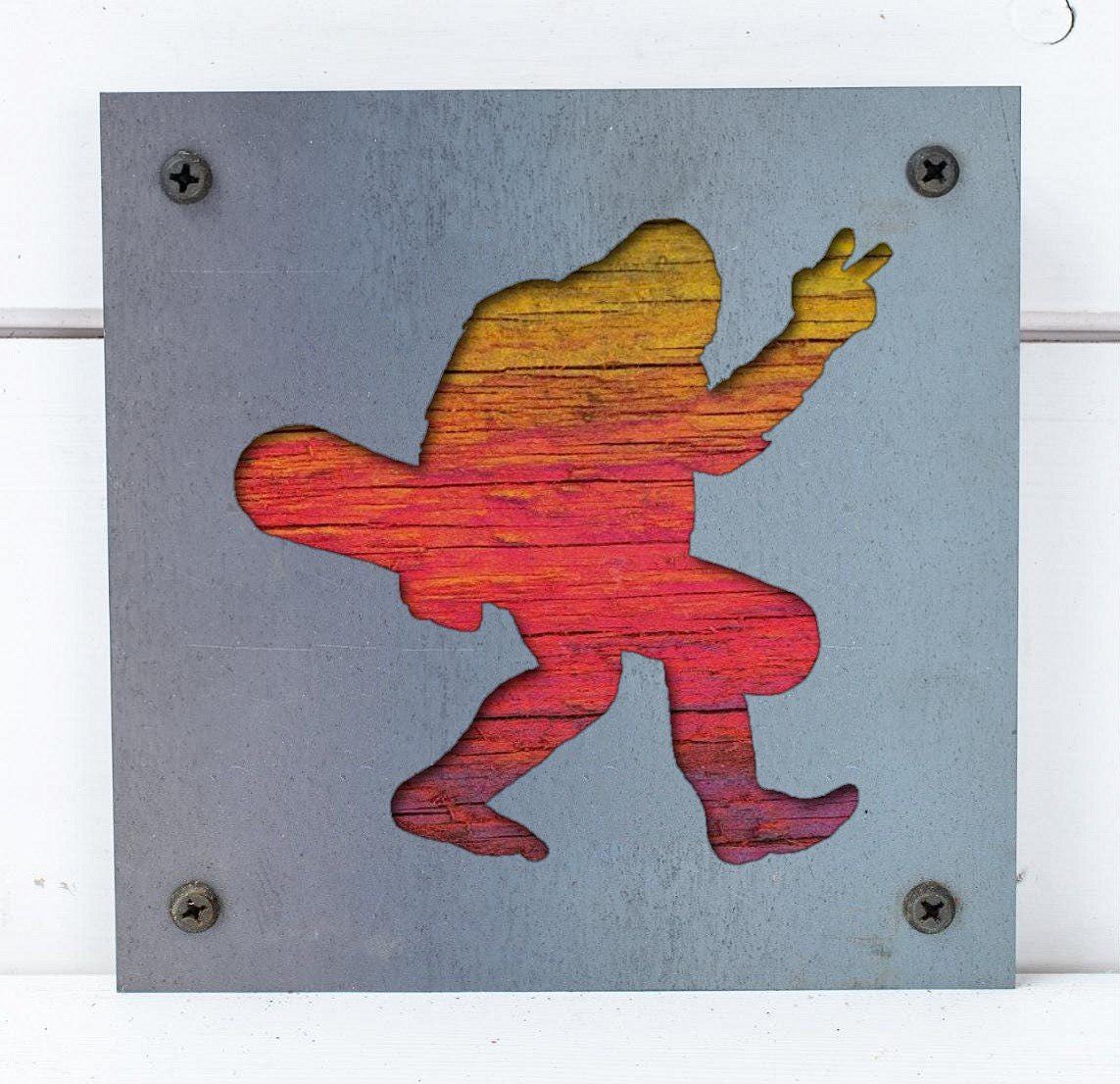 Bigfoot Snowboarder Metal Wall Art on Reclaimed Wood, Sasquatch Ski Cabin Sign