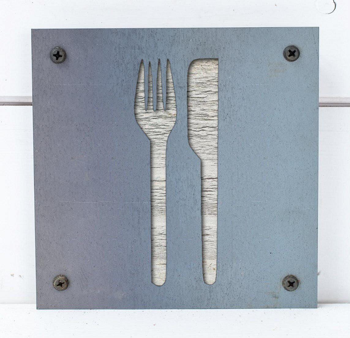 Fork and Knife Metal Wall Art on Reclaimed Wood, Kitchen Sign, Dining Room Decor