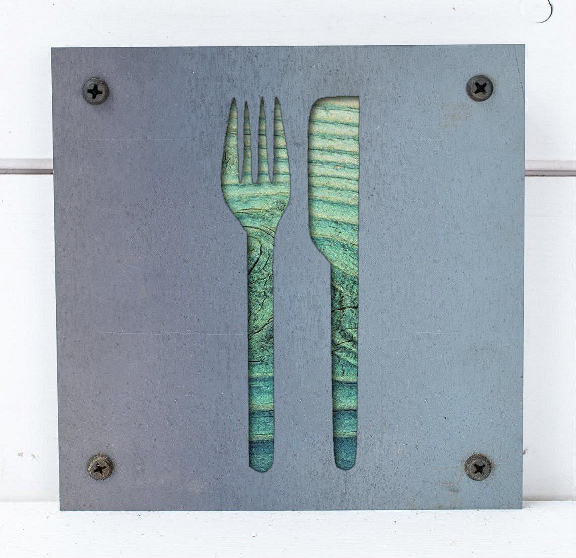 Fork and Knife Metal Wall Art on Reclaimed Wood, Kitchen Sign, Dining Room Decor