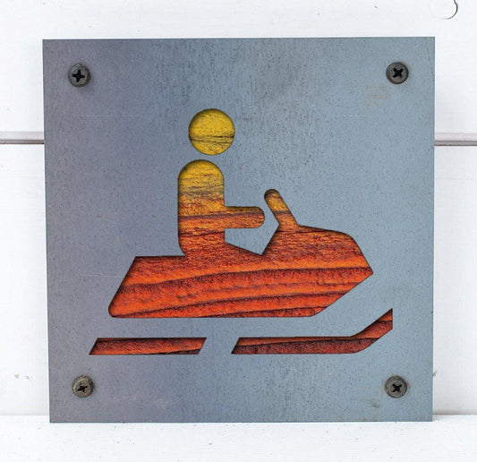 Snowmobile Metal Wall Art on Reclaimed Wood, Small 5.5 Inch Sled Sign, Sledder Gift