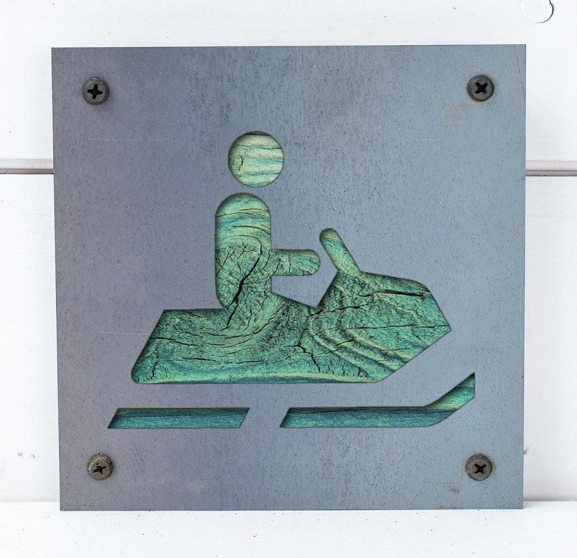 Snowmobile Metal Wall Art on Reclaimed Wood, Small 5.5 Inch Sled Sign, Sledder Gift