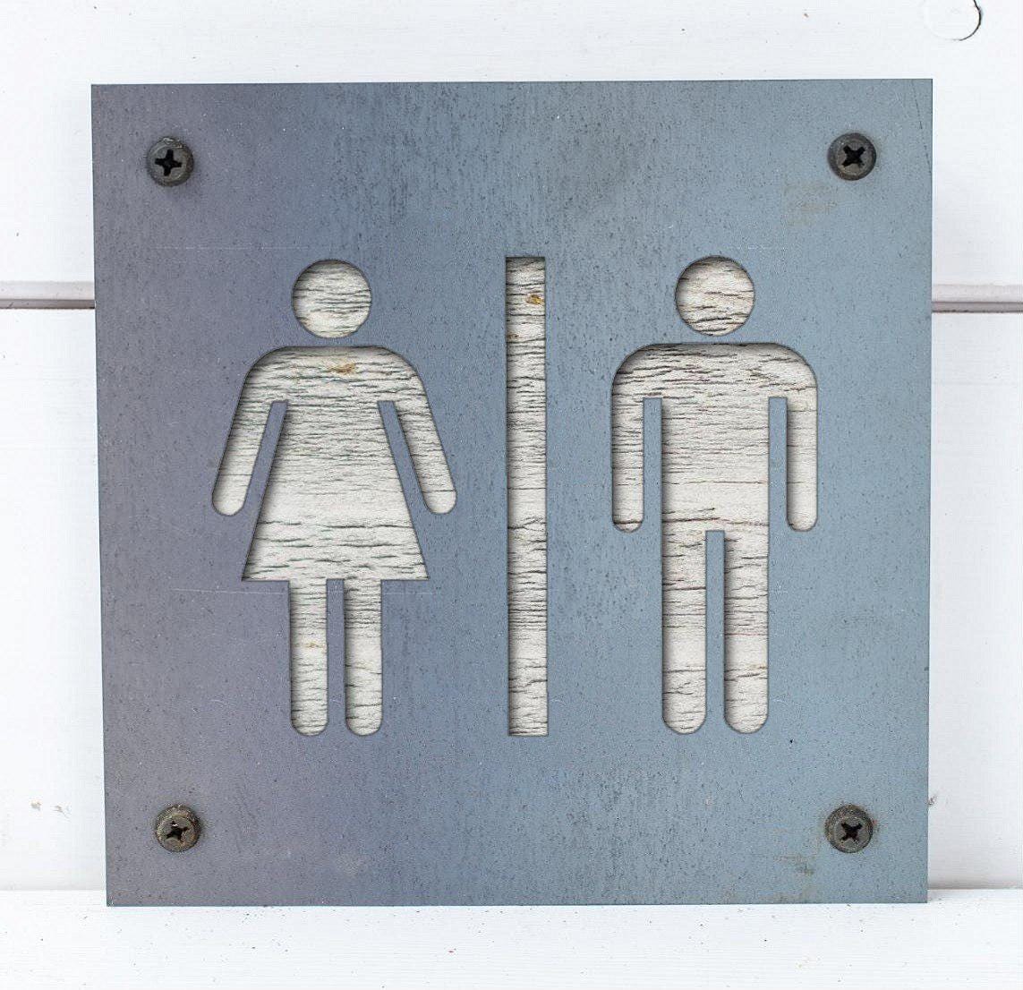 Restroom Metal Sign on Reclaimed Wood, Men and Women Bathroom Sign, Rustic Decor