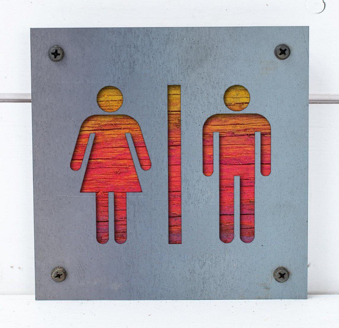 Restroom Metal Sign on Reclaimed Wood, Men and Women Bathroom Sign, Rustic Decor