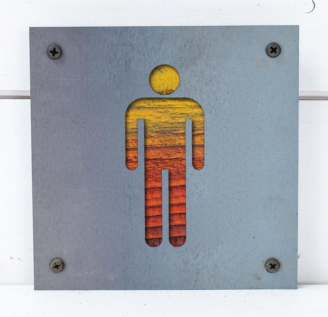 Men's Restroom Metal Sign on Reclaimed Wood, Rustic Bathroom Door Sign