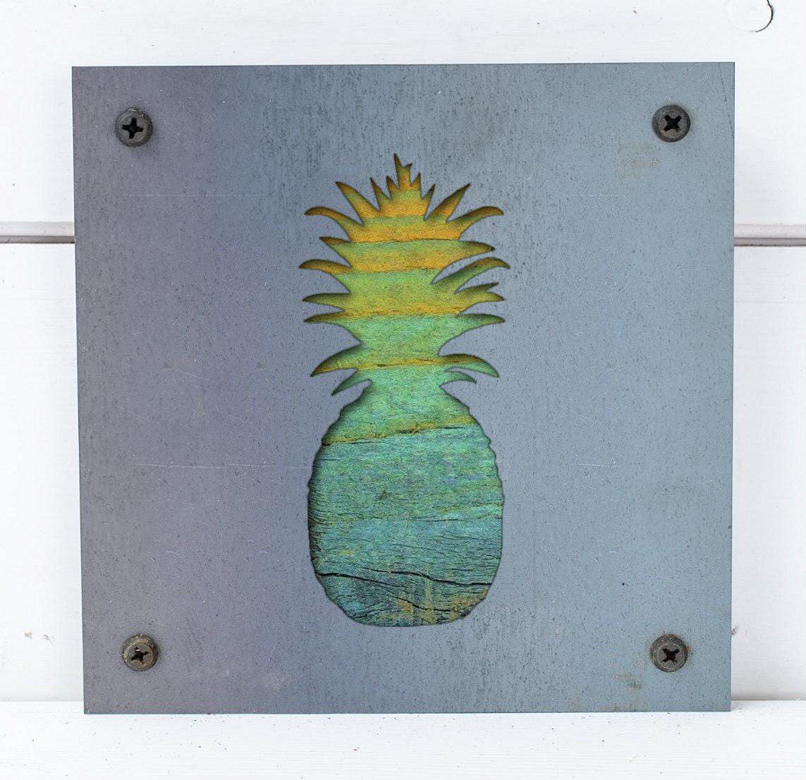 Pineapple Metal Wall Art on Reclaimed Wood, Tropical Kitchen Decor, Welcome Sign