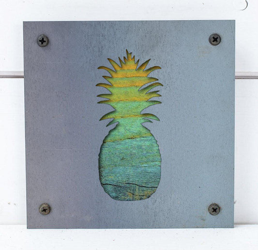 Pineapple Metal Wall Art on Reclaimed Wood, Tropical Kitchen Decor, Welcome Sign
