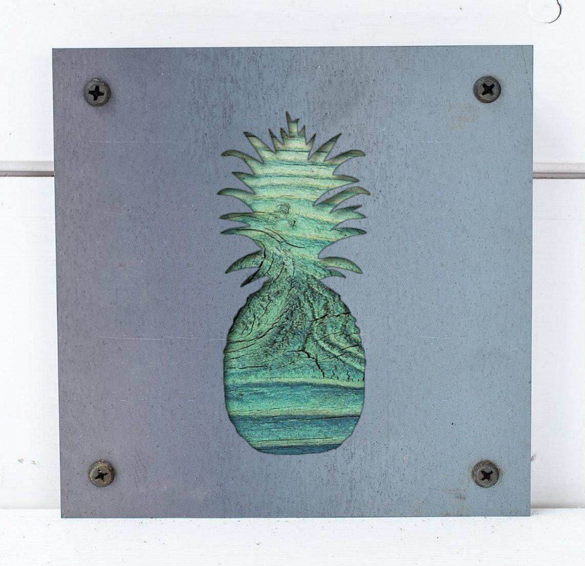 Pineapple Metal Wall Art on Reclaimed Wood, Tropical Kitchen Decor, Welcome Sign