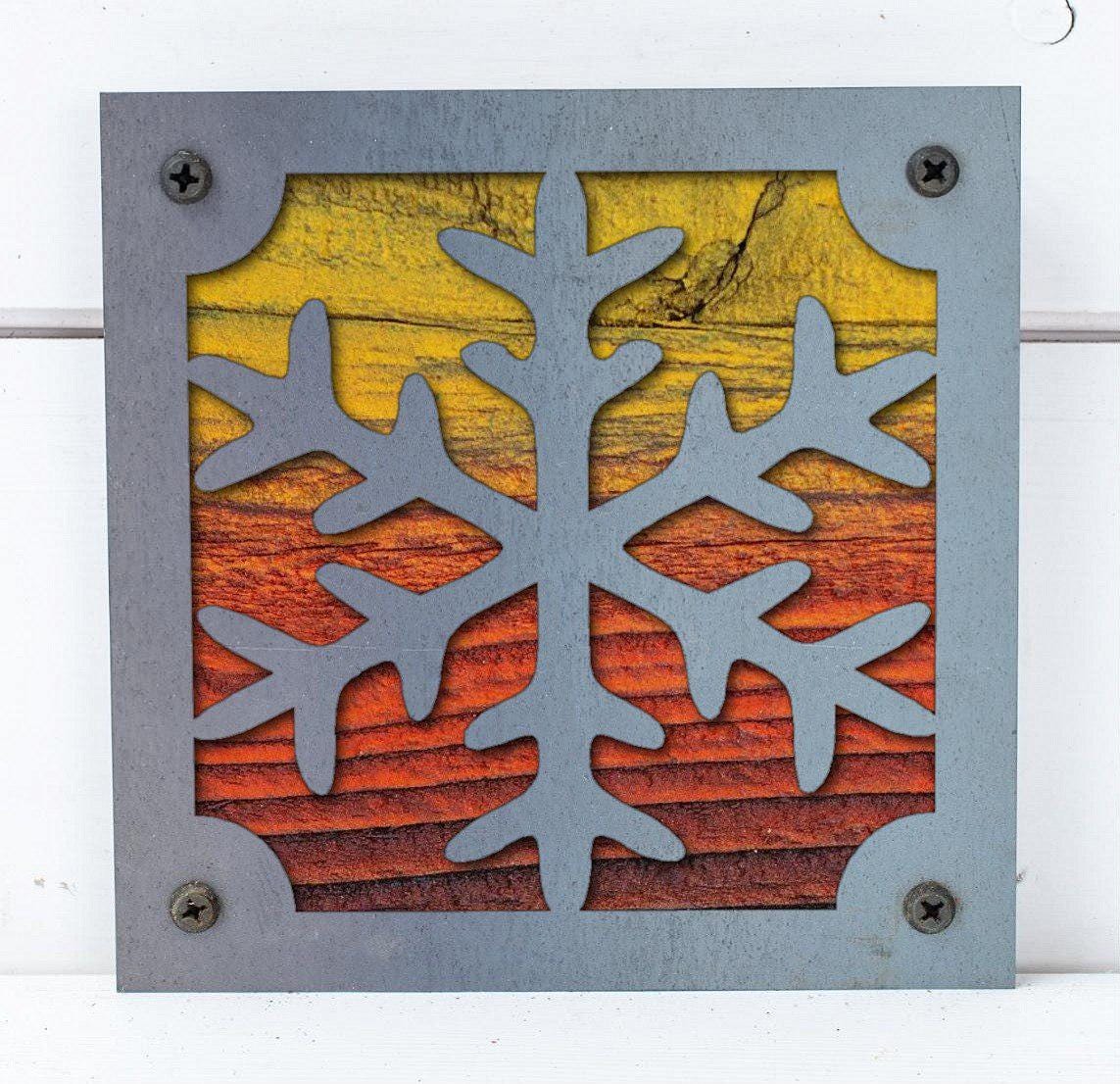 Snowflake Metal Wall Art on Reclaimed Wood, Winter Cabin Decor, Christmas Sign
