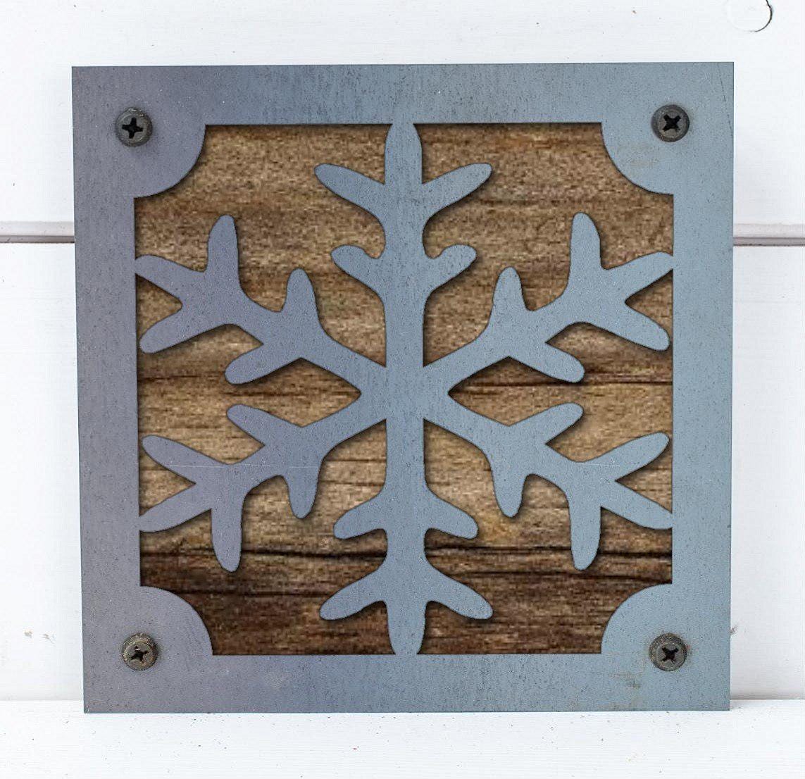 Snowflake Metal Wall Art on Reclaimed Wood, Winter Cabin Decor, Christmas Sign