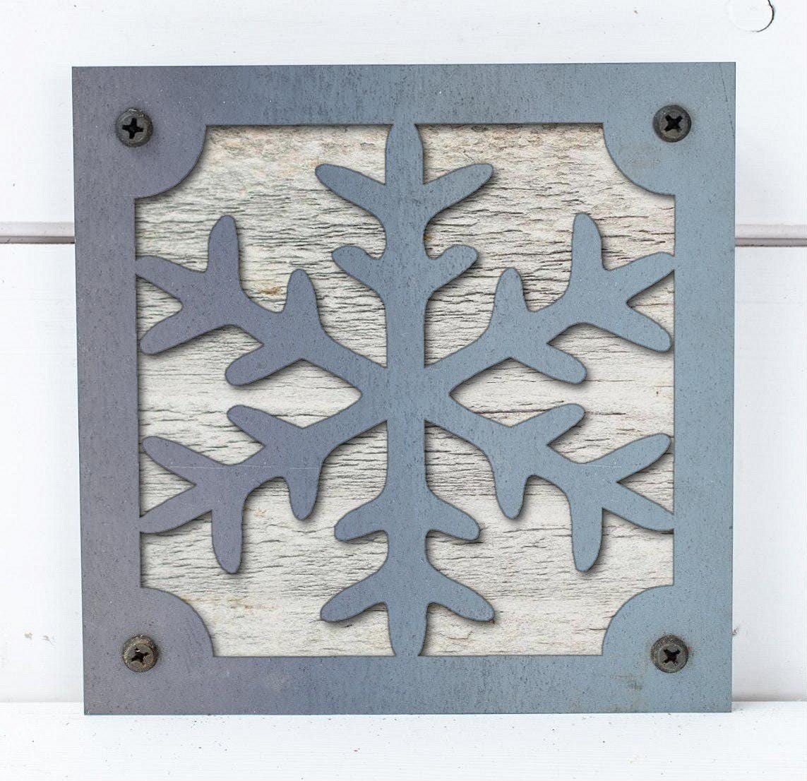 Snowflake Metal Wall Art on Reclaimed Wood, Winter Cabin Decor, Christmas Sign