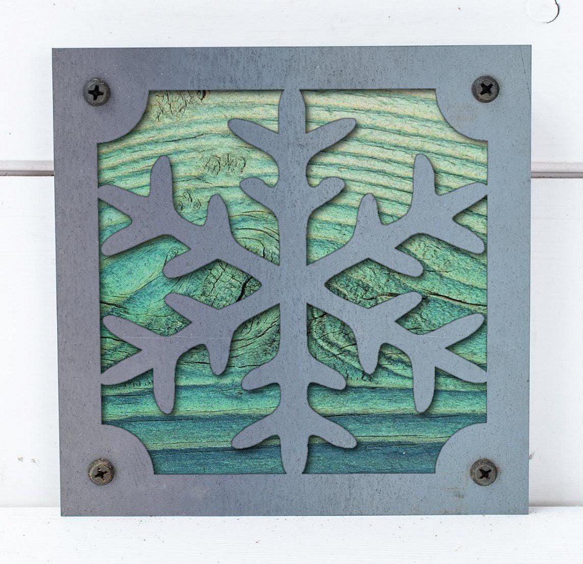 Snowflake Metal Wall Art on Reclaimed Wood, Winter Cabin Decor, Christmas Sign