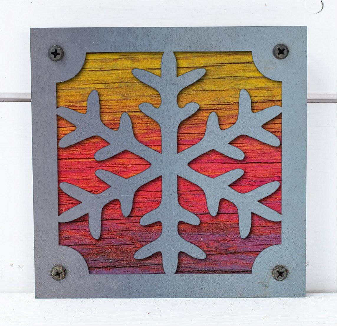 Snowflake Metal Wall Art on Reclaimed Wood, Winter Cabin Decor, Christmas Sign