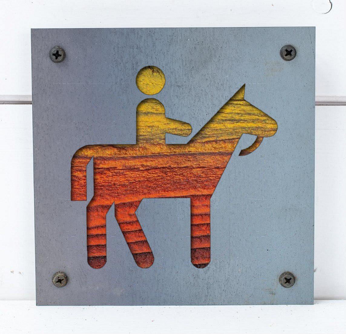 Horseback Rider Metal Wall Art on Reclaimed Wood, Trail Ride Sign, Horse Gift