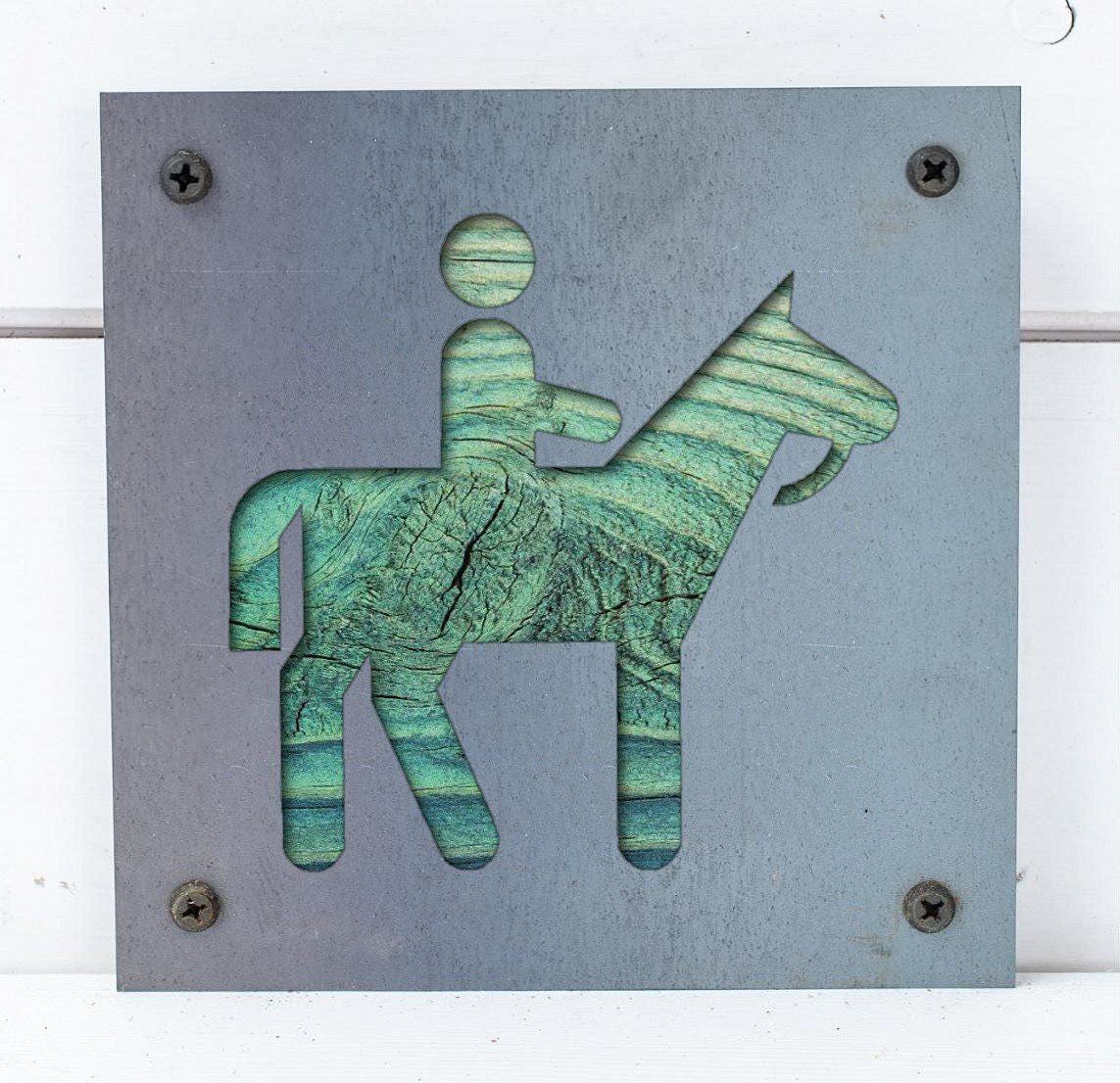 Horseback Rider Metal Wall Art on Reclaimed Wood, Trail Ride Sign, Horse Gift