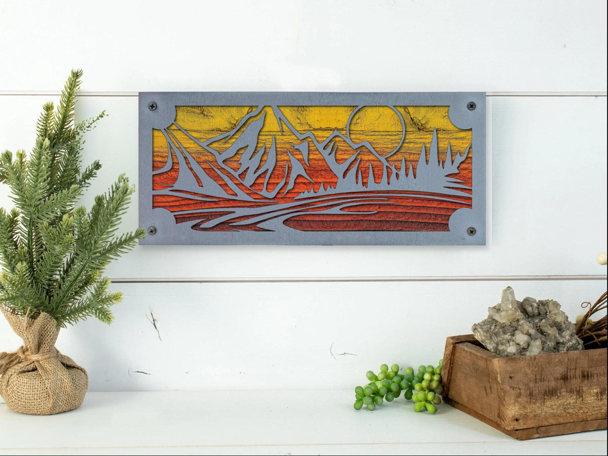 Mountain Lake Sunset Metal Wall Art on Reclaimed Wood, 12.5 Inch Cabin Decor