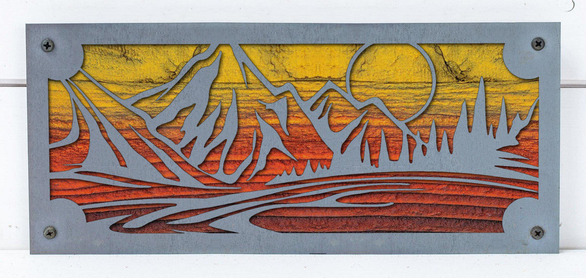 Mountain Lake Sunset Metal Wall Art on Reclaimed Wood, 12.5 Inch Cabin Decor