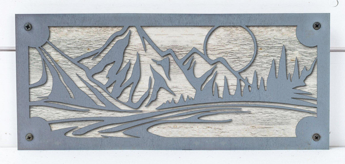 Mountain Lake Sunset Metal Wall Art on Reclaimed Wood, 12.5 Inch Cabin Decor