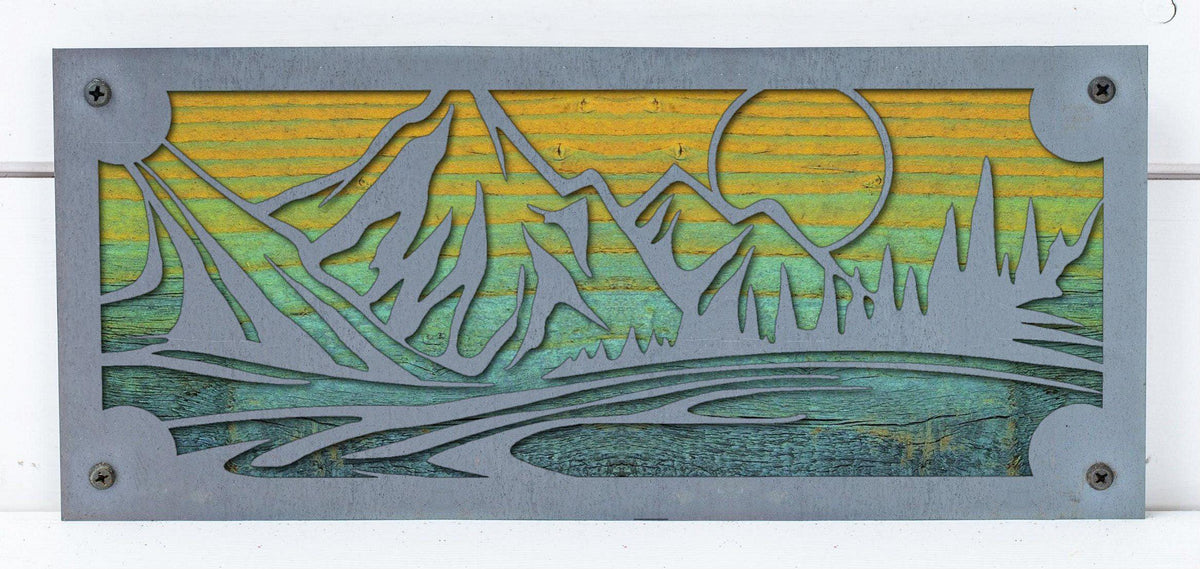 Mountain Lake Sunset Metal Wall Art on Reclaimed Wood, 12.5 Inch Cabin Decor
