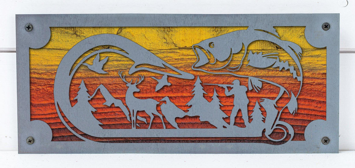 Leaping Bass Metal Wall Art on Reclaimed Wood, 12.5 Inch Fishing Cabin Decor
