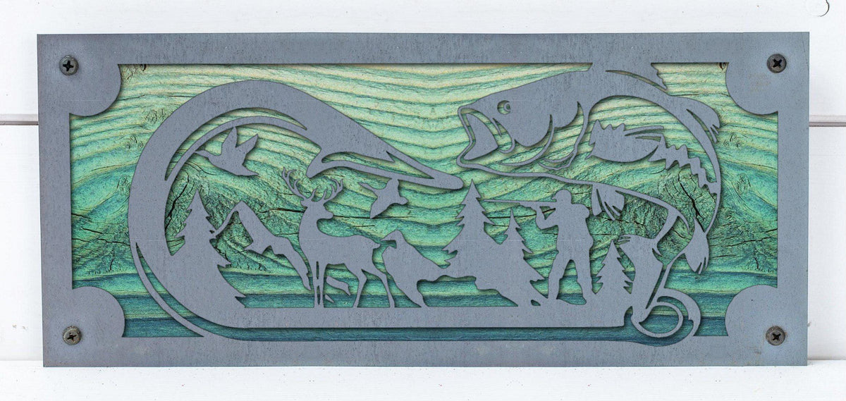 Leaping Bass Metal Wall Art on Reclaimed Wood, 12.5 Inch Fishing Cabin Decor